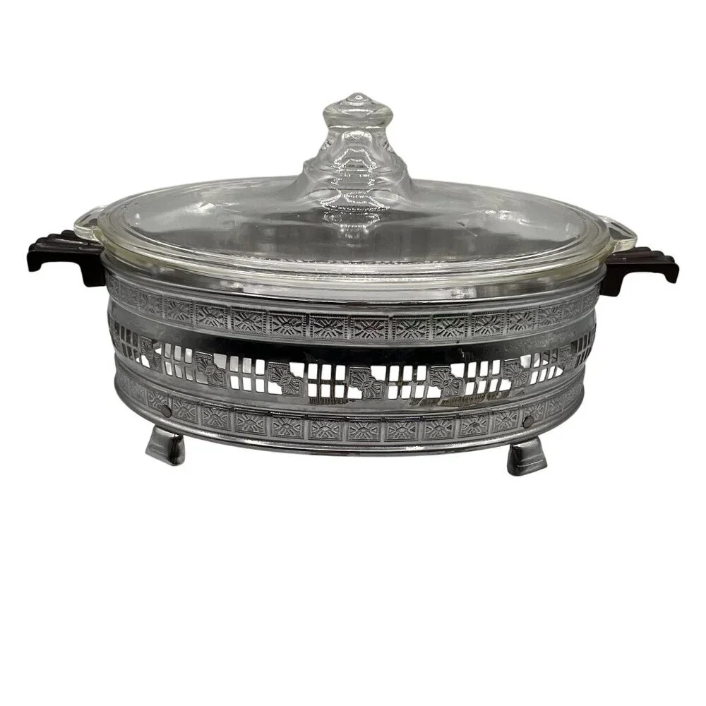 Pyrex 1.5qt Vintage Oval Glass Casserole Dish Etched Silver Plated Footed Holder